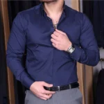 پیراهن رسمی سرمه ای پارچه دوشین دکمه مخفی M تا 3XL