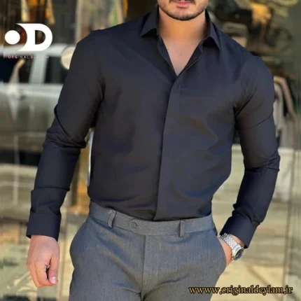 پیراهن مشکی رسمی دکمه مخفی