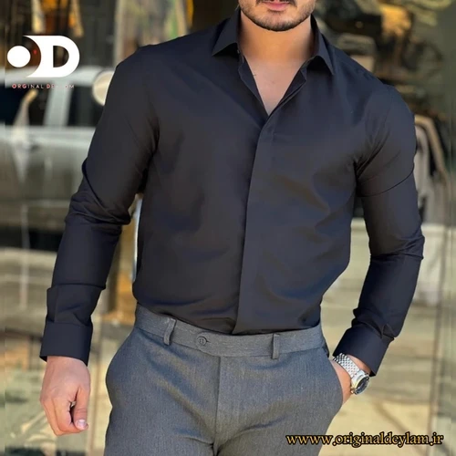 پیراهن مشکی رسمی دکمه مخفی