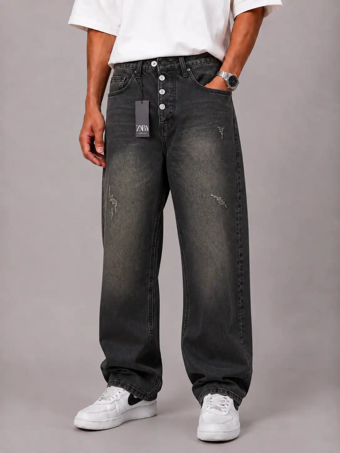 Baggy-jeans-black-with-green-bottom-heroshoop.webp شلوار جین بگ استایل مشکی ته سبز / کد 6266 - Image 1