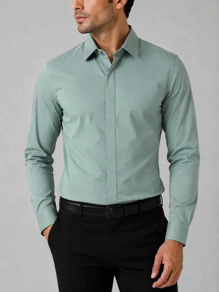 Light-cedar-green-formal-men-shirt-with-hidden-buttons-heroshoop.webp پیراهن مردانه رسمی سبز روشن دکمه مخفی - Image 1