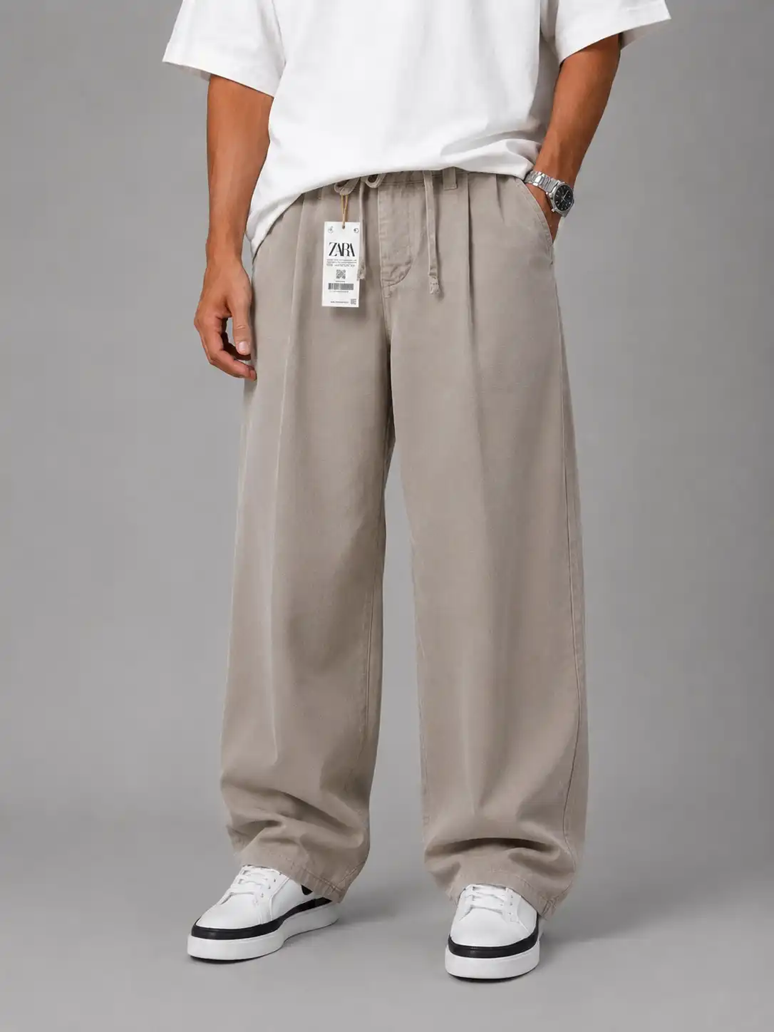Men-baggy-cocoon-style-fabric-pants-Lyocell-fabric-Khaki-heroshoop.webp شلوار پارچه ای مردانه قواره بگ استایل پیله دار / پارچه لیوسل / خاکی - Image 1