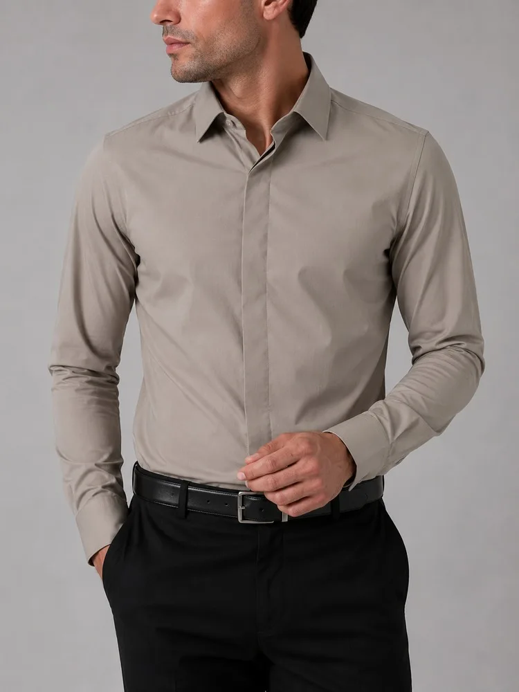 Men-formal-shirt-beige-gray-hidden-button-heroshoop.webp پیراهن مردانه رسمی بژ طوسی دکمه مخفی - Image 1