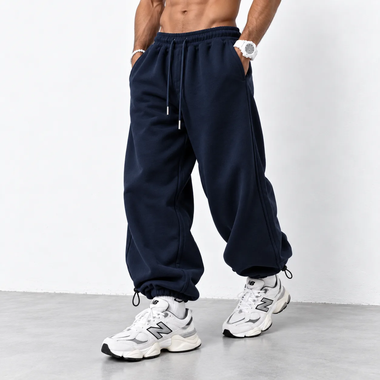 Baggy Joggers 3-thread French terry cotton fabric Length 110 cm Elastic waistband Adjustable toggle cuffs Color Navy blue Code 8005 www.heroshoop.com view 1 Baggy-Joggers-3-thread-French-terry-cotton-fabric-Length-110-cm-Elastic-waistband-Adjustable-toggle-cuffs-Color-Navy-blue-Code-8005-www.heroshoop.com-view-1-1.webp