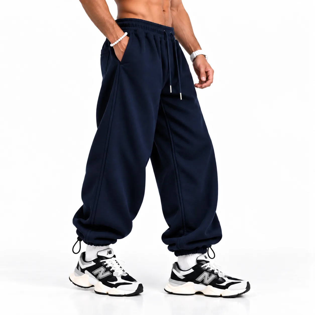 Baggy-style joggers with elastic waistband convertible cuffs (two-way hem) premium 3-thread cotton fabric length 110 cm navy blue code 8005 www.heroshoop.com view 11 Baggy-style-joggers-with-elastic-waistband-convertible-cuffs-two-way-hem-premium-3-thread-cotton-fabric-length-110-cm-navy-blue-code-8005-www.heroshoop.com-view-11.webp