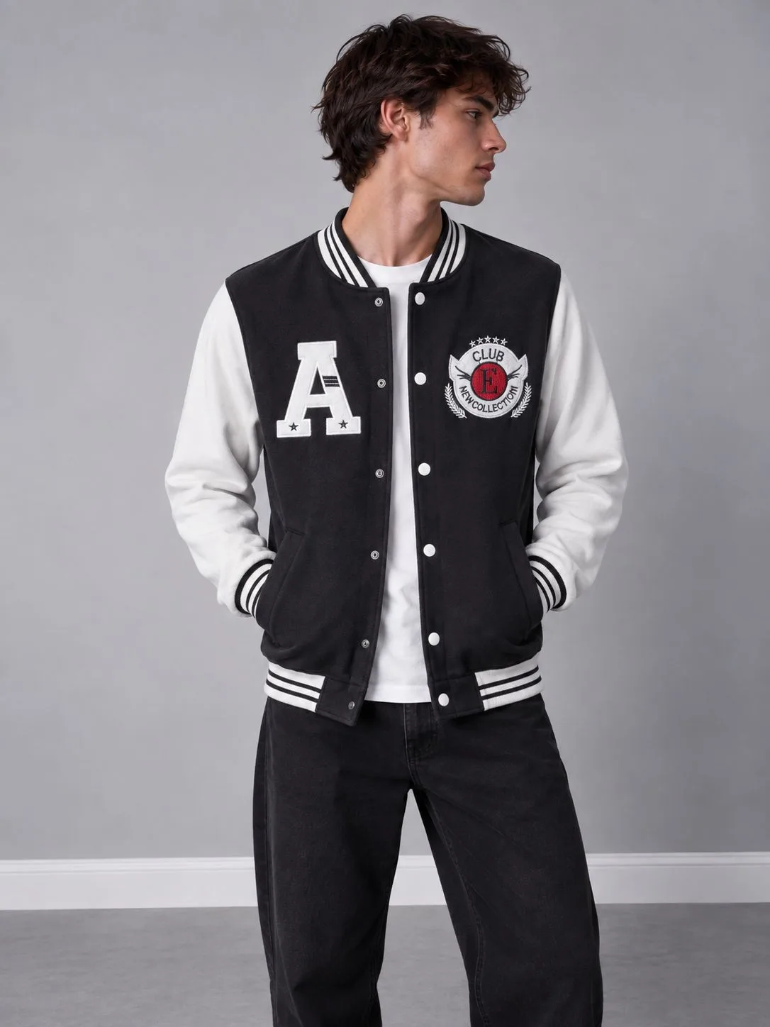 Boxy-fit bomber-style sweatshirt with embroidery Black & White Brushed 3-thread cotton French terry www.heroshoop.com رهثص 1 Boxy-fit-bomber-style-sweatshirt-with-embroidery-Black-White-Brushed-3-thread-cotton-French-terry-www.heroshoop.com-