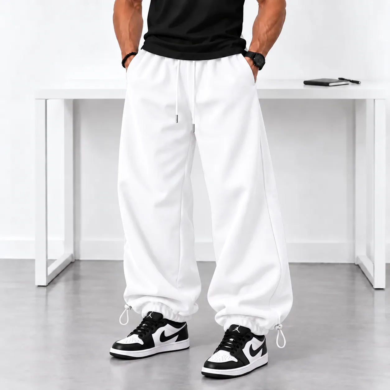 Baggy Jogger Pants Cuffed Hem White www.heroshoop.com view 1 Baggy-Jogger-Pants-Cuffed-Hem-White-www.heroshoop.com-view-1.webp