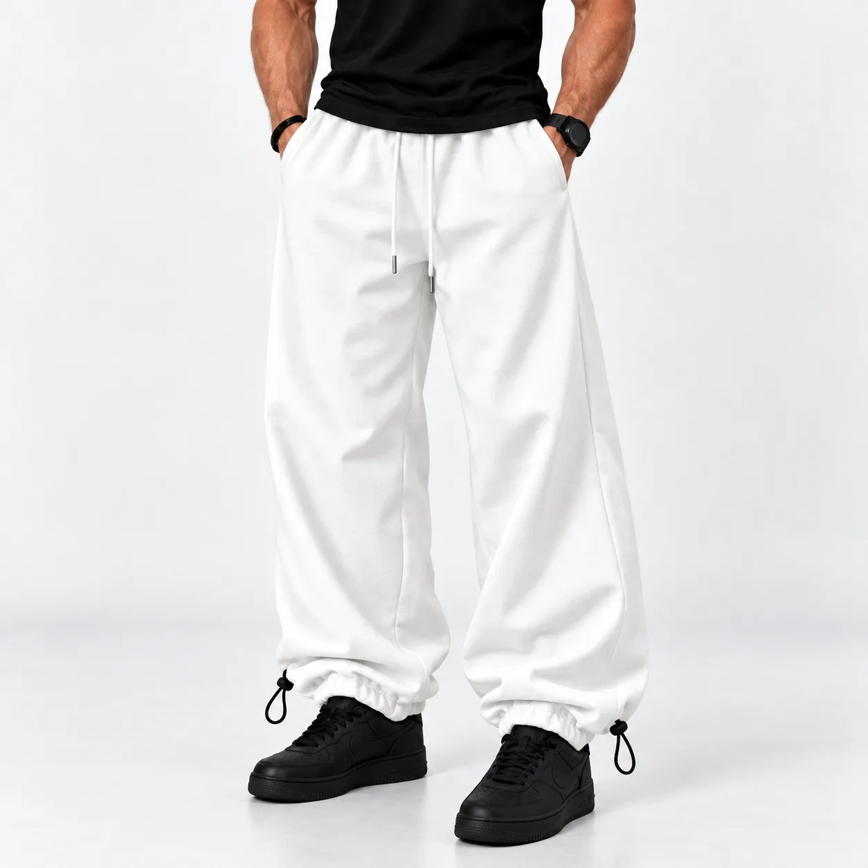 Baggy-style-jogger-pants-Dual-mode-cuffs-fitted-or-loose-3-thread-cotton-French-terry-White-With-cord-locks-www.heroshoop.com-view-1-300x300 شلوار جاگر بگ استایل / دمپا دو حالتی جذب و آزاد / دورس پنبه 3نخ / سفید / استوپردار - تصویر 1
