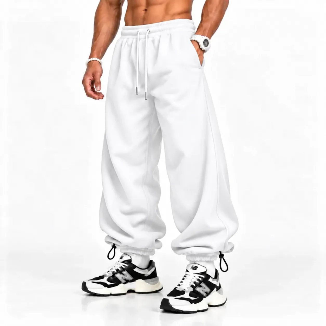 Baggy-style joggers Dual-mode cuffs with adjustable stoppers 3-thread cotton French terry White www.heroshoop.com view 1 Baggy-style-joggers-Dual-mode-cuffs-with-adjustable-stoppers-3-thread-cotton-French-terry-White-www.heroshoop.com-view-1.webp