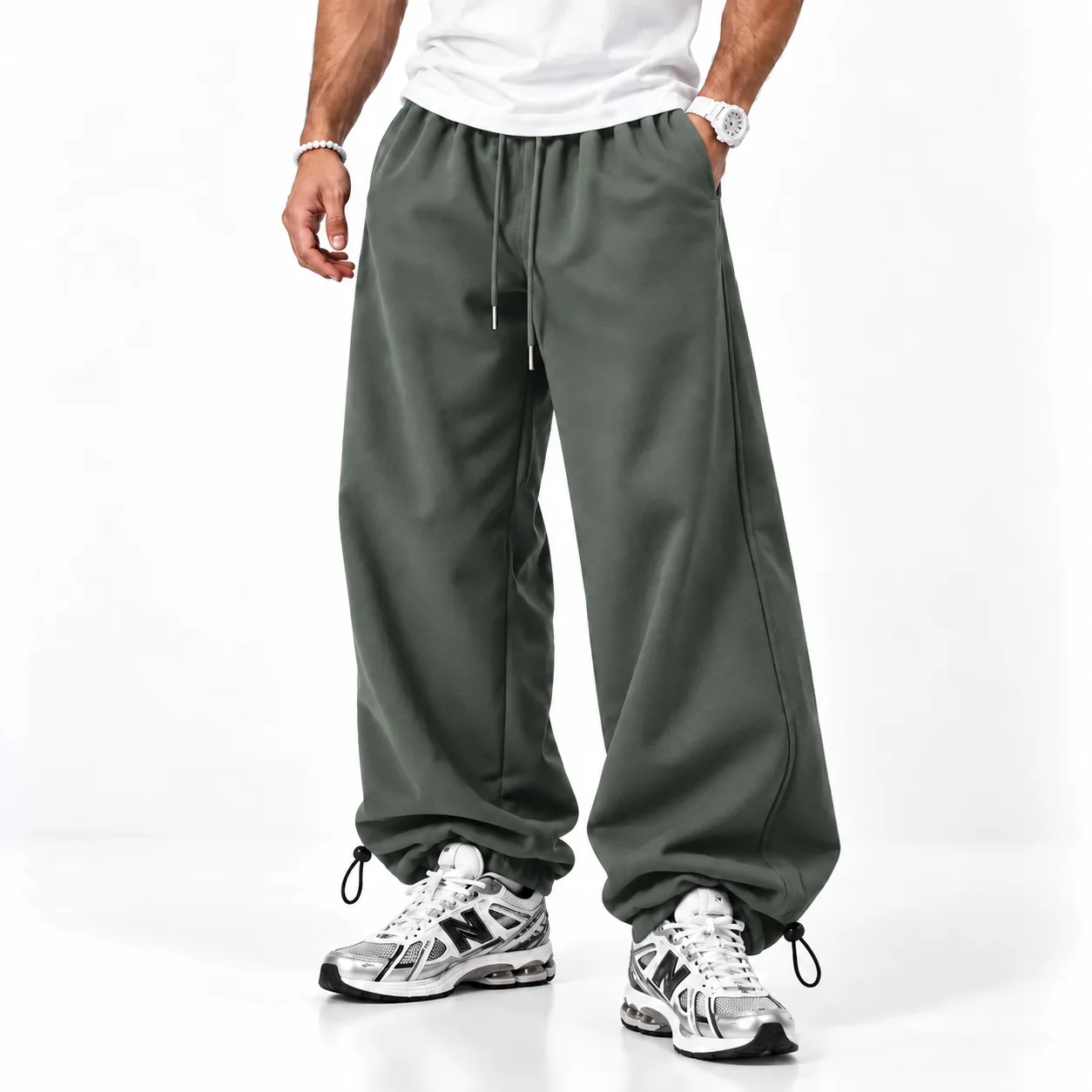 Green baggy joggers Cuffed hems Thick 3-thread cotton French terry fabric_view1 شلوار اسلش جاگر سبز بگ / دمپا گت دار / پارچه ضخیم دورس 3 نخ پنبه - تصویر 1