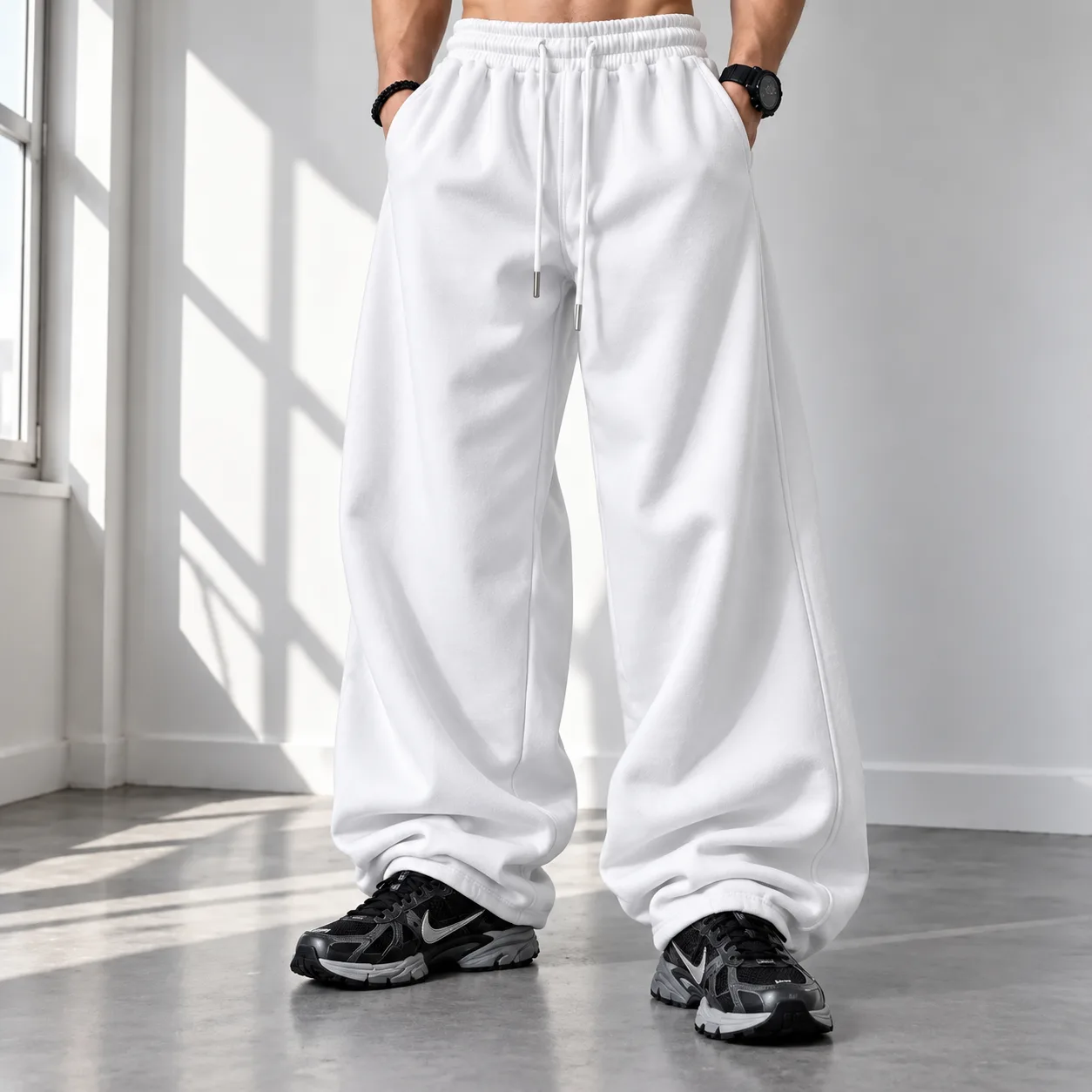 Men's and Women's Jogger Pants Baggy Fit White 3-Thread Cotton French Terry Adjustable Dual-Mode Hem Cuffs www.heroshoop.com view 1 Mens-and-Womens-Jogger-Pants-Baggy-Fit-White-3-Thread-Cotton-French-Terry-Adjustable-Dual-Mode-Hem-Cuffs-www.heroshoop.com-view-1.webp