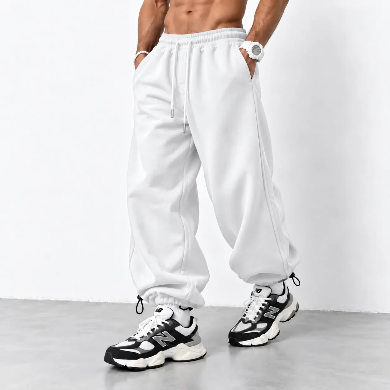White Baggy Sport Joggers 3-Thread Cotton French Terry Dual-Mode Adjustable Cuffs www.heroshoop.com view 1 White-Baggy-Sport-Joggers-3-Thread-Cotton-French-Terry-Dual-Mode-Adjustable-Cuffs-www.heroshoop.com-view-1.webp